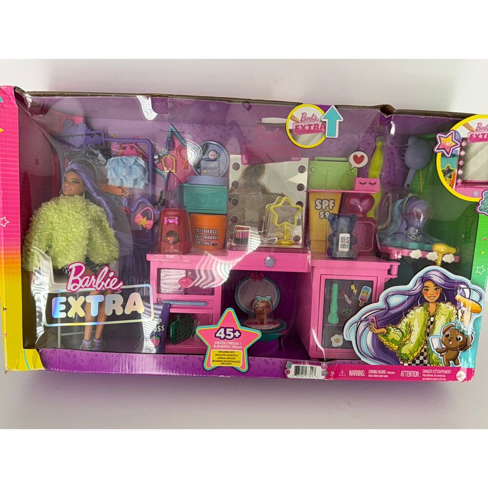 Barbie Extra Doll Vanity Playset with Exclusive Doll +45 pieces Puppy SEALED
